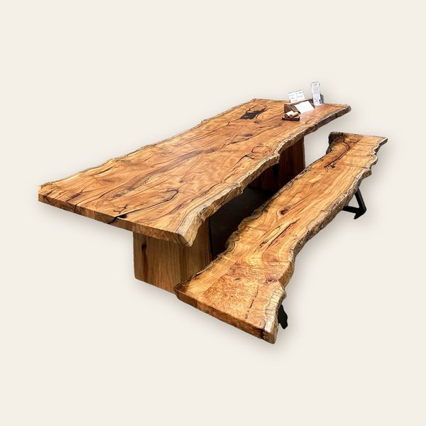 Live-edge dining table with a matching bench