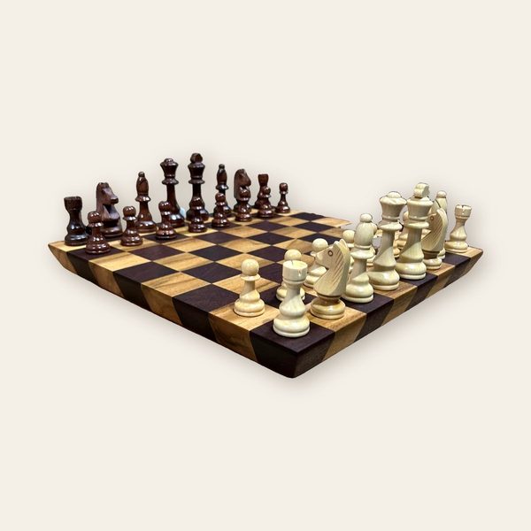 Chess set standing on an end-grain timber board