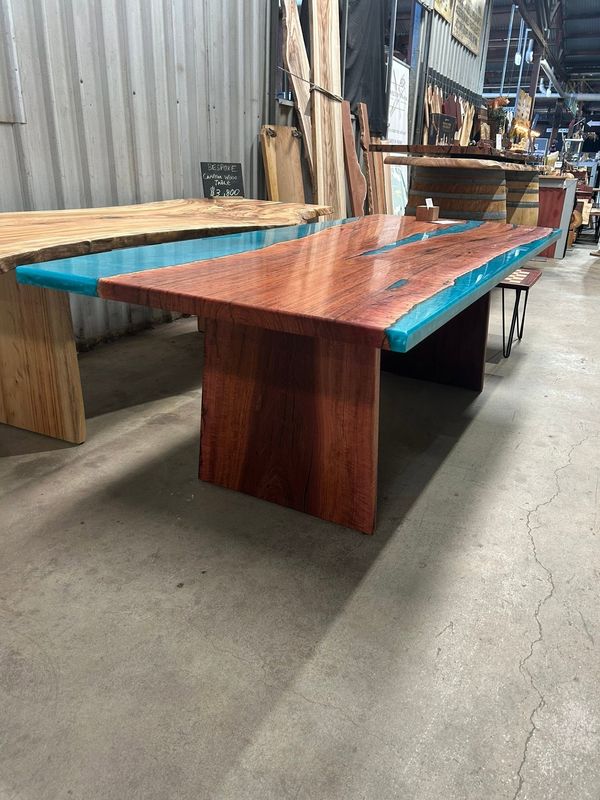 Jarrah river table with turquoise resin