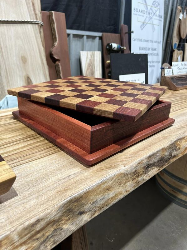 Checkerboard chess box on live-edge slab