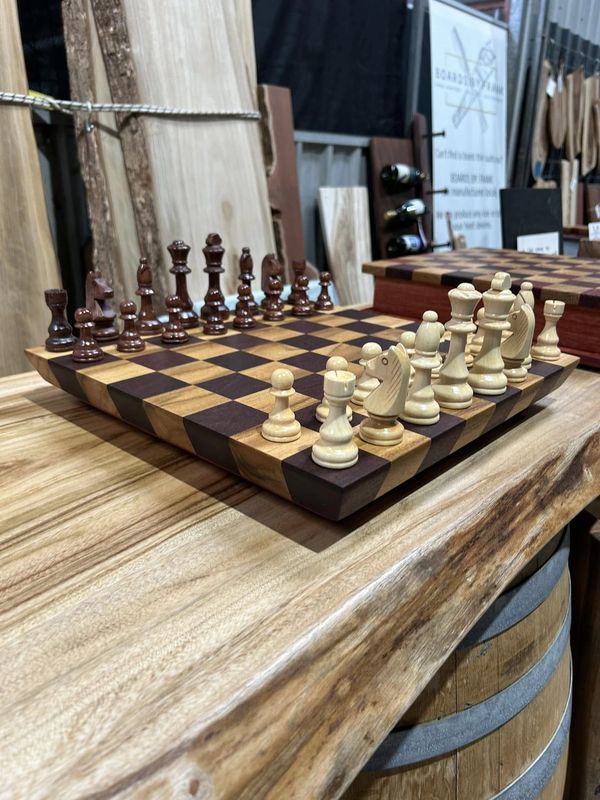 Chess set on end-grain board, close-up
