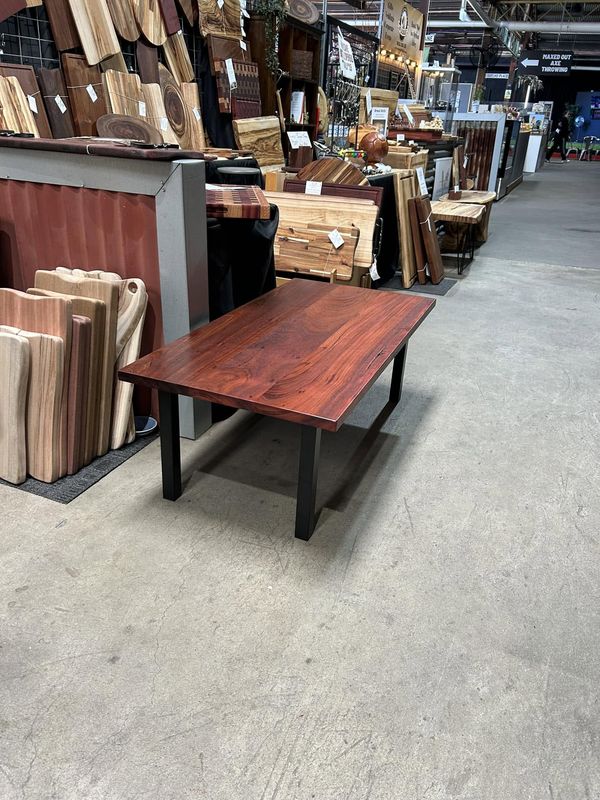 Jarrah coffee table on black steel legs
