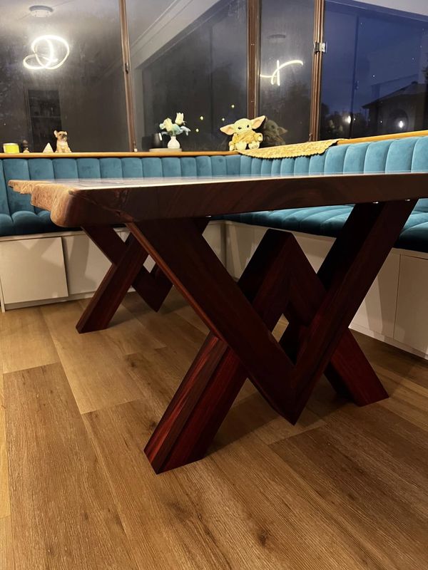 Jarrah X-leg base under a dining table, customer home
