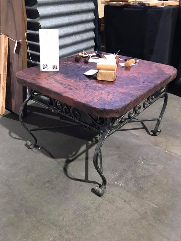 Jarrah-top wrought-iron side table